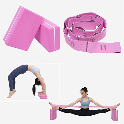 High Density Yoga Blocks 2 Pack with 11 Loops Stretch Band, 350g Non-Slip Foam Exercise Bricks for Pilates & Dance, Pink Gym Accessories with Carry Bag for Flexibility, Balance & Rehab Training