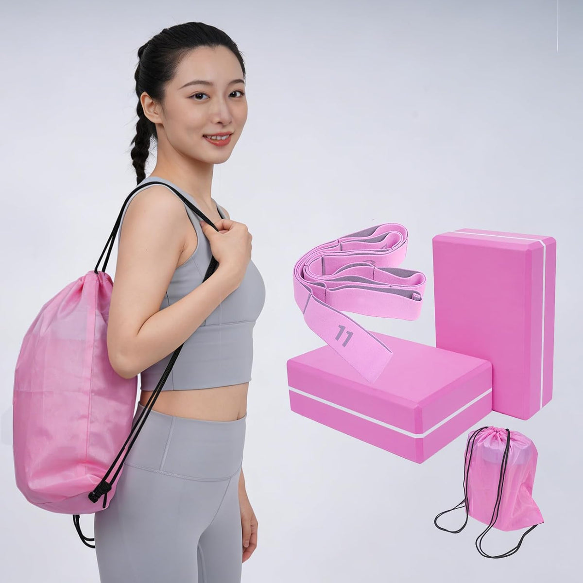 High Density Yoga Blocks 2 Pack with 11 Loops Stretch Band, 350g Non-Slip Foam Exercise Bricks for Pilates & Dance, Pink Gym Accessories with Carry Bag for Flexibility, Balance & Rehab Training