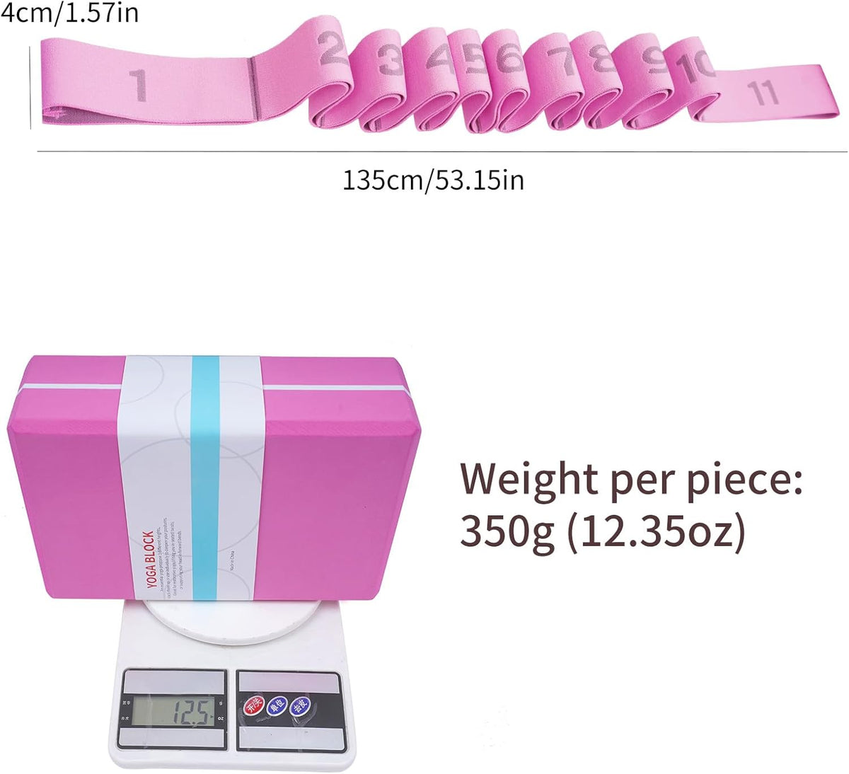 High Density Yoga Blocks 2 Pack with 11 Loops Stretch Band, 350g Non-Slip Foam Exercise Bricks for Pilates & Dance, Pink Gym Accessories with Carry Bag for Flexibility, Balance & Rehab Training