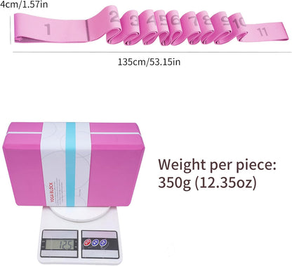 High Density Yoga Blocks 2 Pack with 11 Loops Stretch Band, 350g Non-Slip Foam Exercise Bricks for Pilates & Dance, Pink Gym Accessories with Carry Bag for Flexibility, Balance & Rehab Training