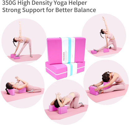 High Density Yoga Blocks 2 Pack with 11 Loops Stretch Band, 350g Non-Slip Foam Exercise Bricks for Pilates & Dance, Pink Gym Accessories with Carry Bag for Flexibility, Balance & Rehab Training