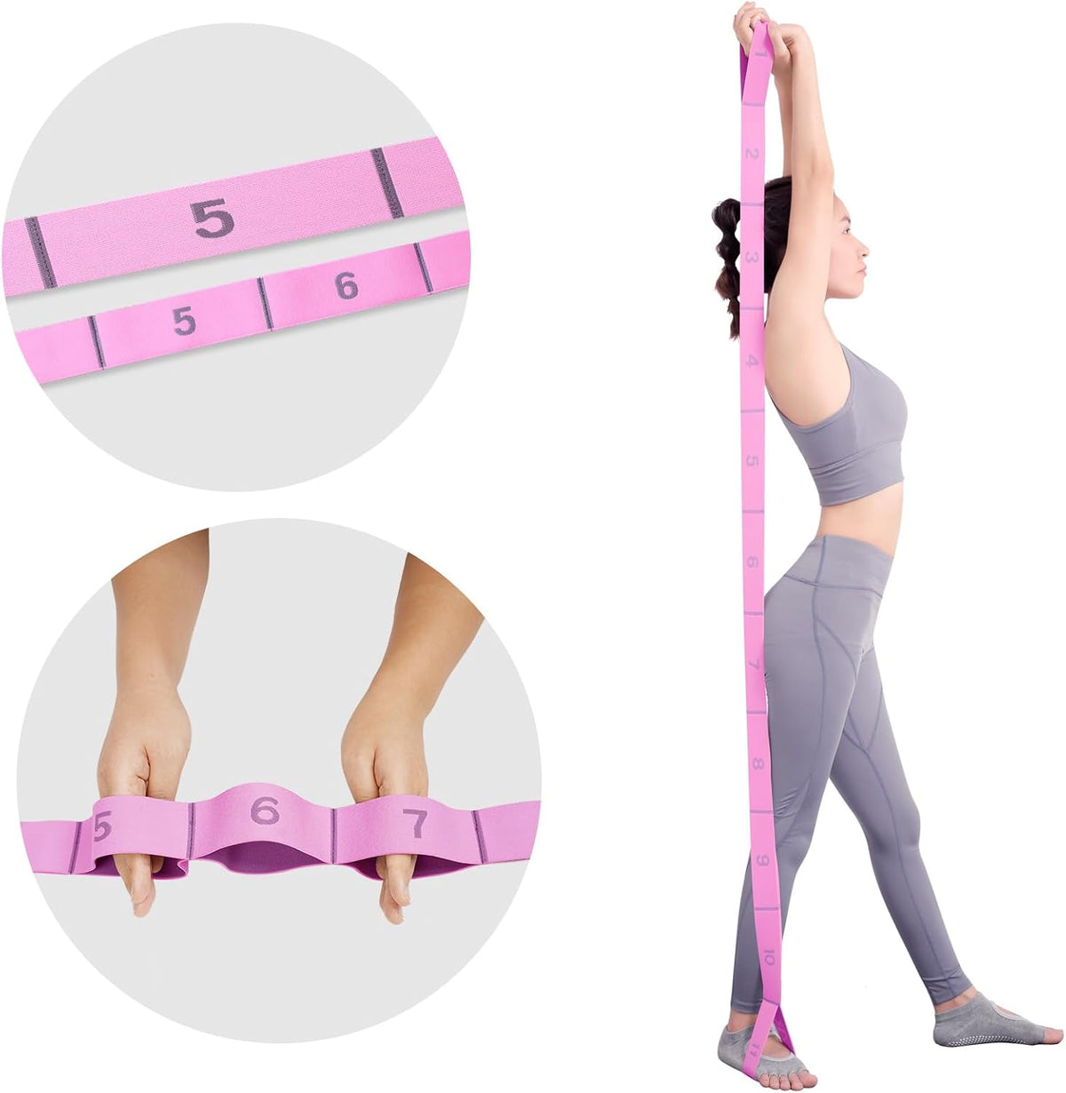 High Density Yoga Blocks 2 Pack with 11 Loops Stretch Band, 350g Non-Slip Foam Exercise Bricks for Pilates & Dance, Pink Gym Accessories with Carry Bag for Flexibility, Balance & Rehab Training