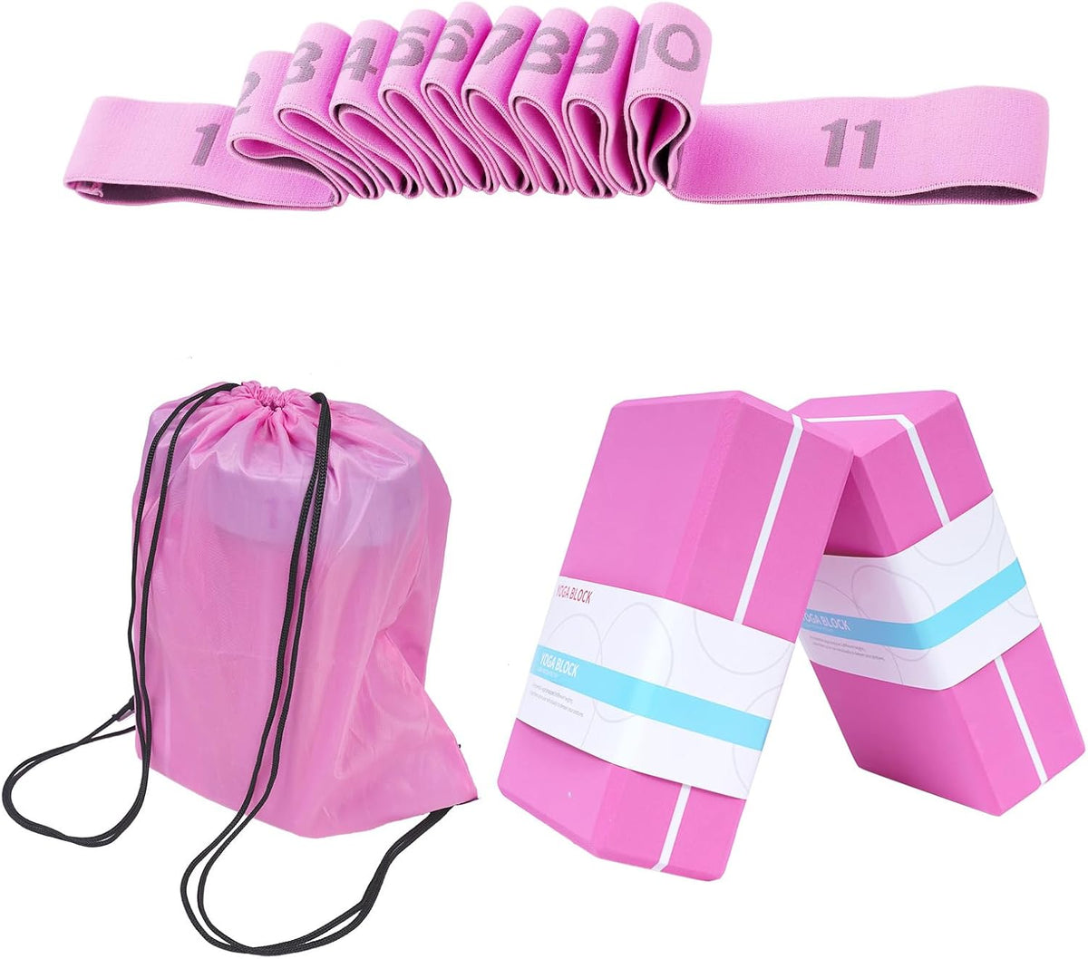 High Density Yoga Blocks 2 Pack with 11 Loops Stretch Band, 350g Non-Slip Foam Exercise Bricks for Pilates & Dance, Pink Gym Accessories with Carry Bag for Flexibility, Balance & Rehab Training