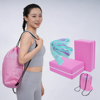 High Density Yoga Blocks 2 Pack with 11 Loops Stretch Band, 350g Non-Slip Foam Exercise Bricks for Pilates & Dance, Pink Gym Accessories with Carry Bag for Flexibility, Balance & Rehab Training