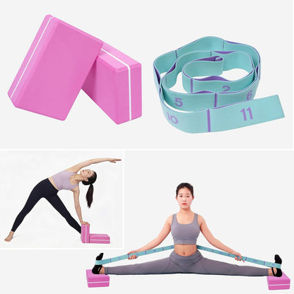 High Density Yoga Blocks 2 Pack with 11 Loops Stretch Band, 350g Non-Slip Foam Exercise Bricks for Pilates & Dance, Pink Gym Accessories with Carry Bag for Flexibility, Balance & Rehab Training