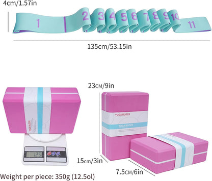 High Density Yoga Blocks 2 Pack with 11 Loops Stretch Band, 350g Non-Slip Foam Exercise Bricks for Pilates & Dance, Pink Gym Accessories with Carry Bag for Flexibility, Balance & Rehab Training