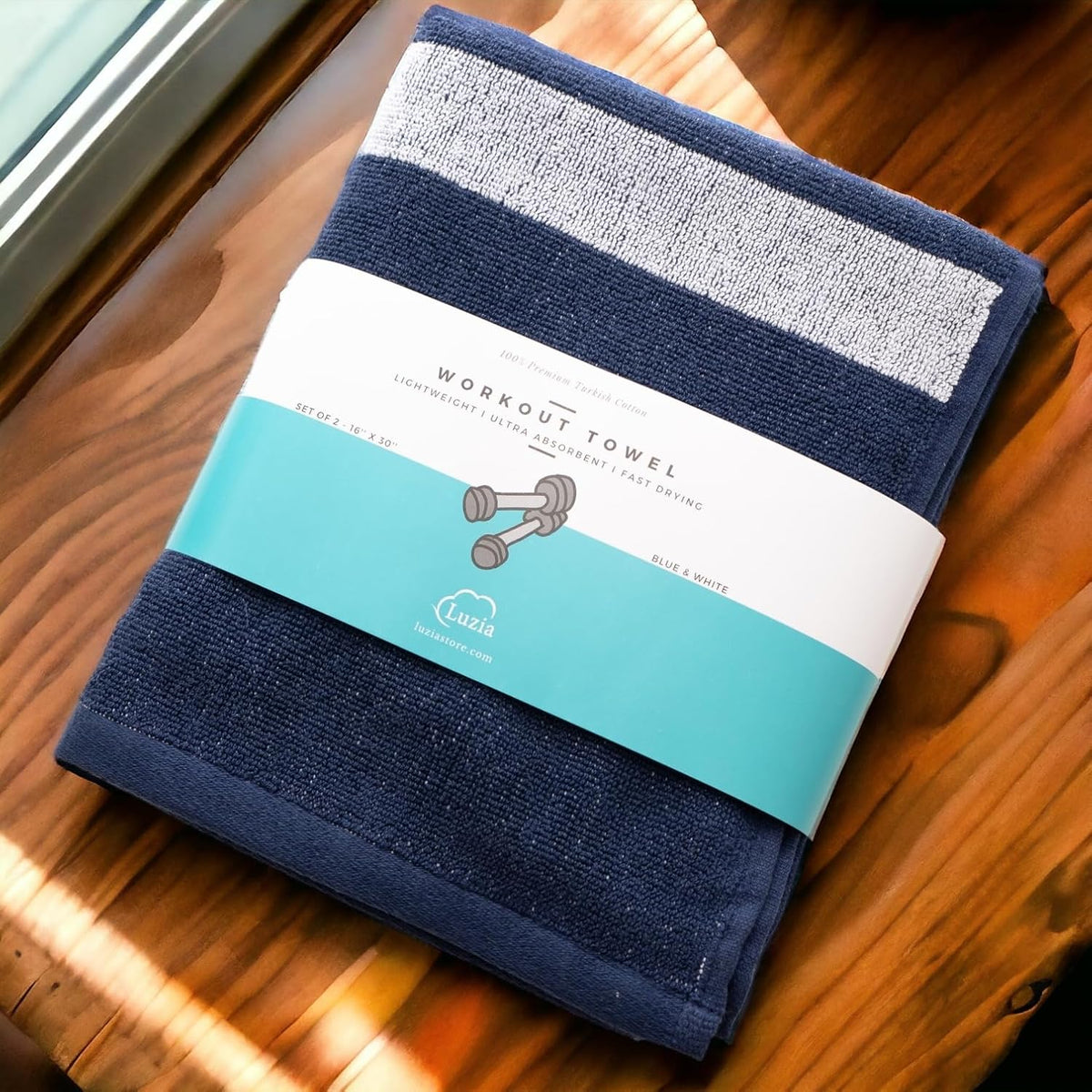 Striped Workout Towel for Sweat (Pack of 2) - Premium Quality 100% Turkish Cotton - Lightweight and Super Absorbent for Exercise, Sports, Workout, Fitness, Gym, Yoga, Running (Blue)