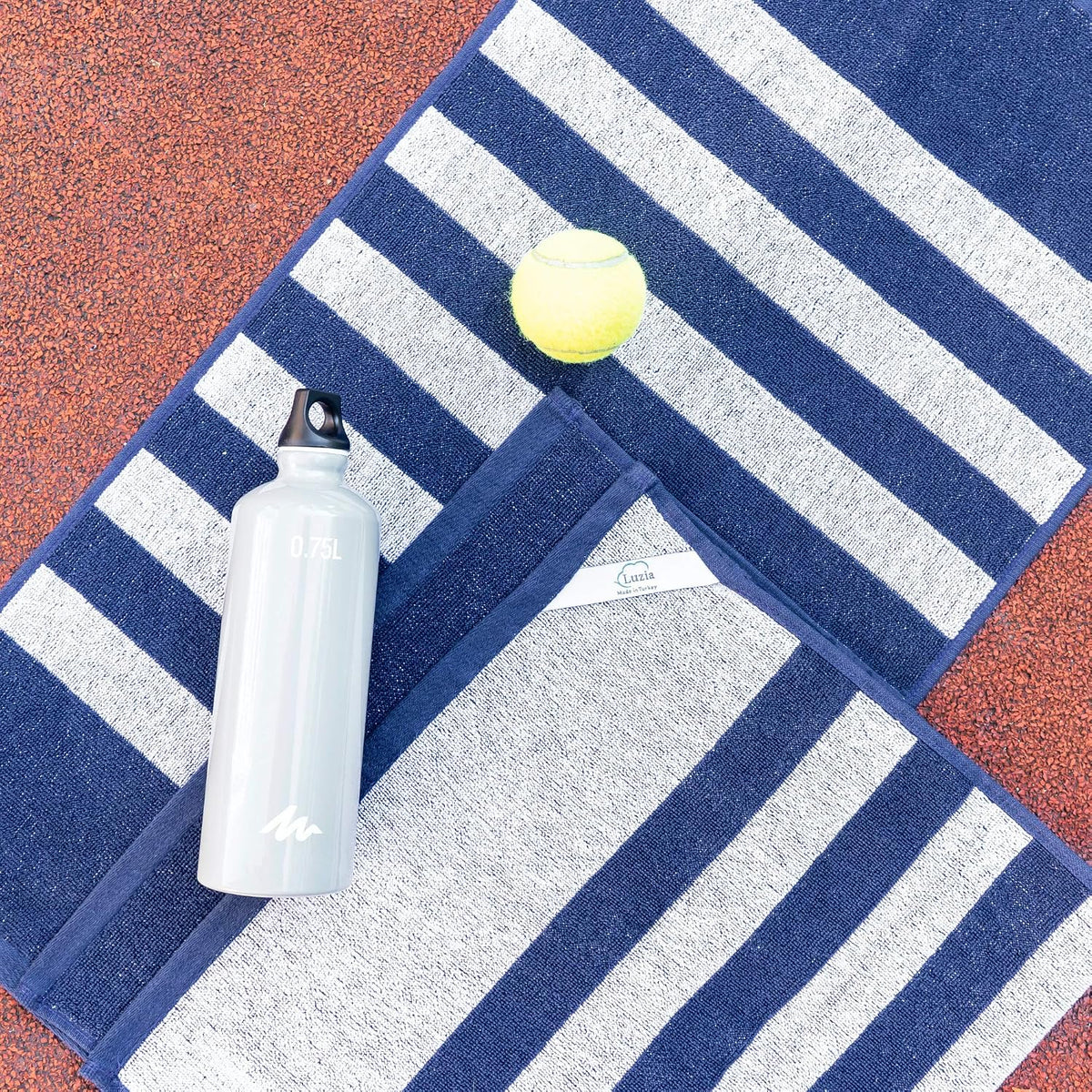 Striped Workout Towel for Sweat (Pack of 2) - Premium Quality 100% Turkish Cotton - Lightweight and Super Absorbent for Exercise, Sports, Workout, Fitness, Gym, Yoga, Running (Blue)