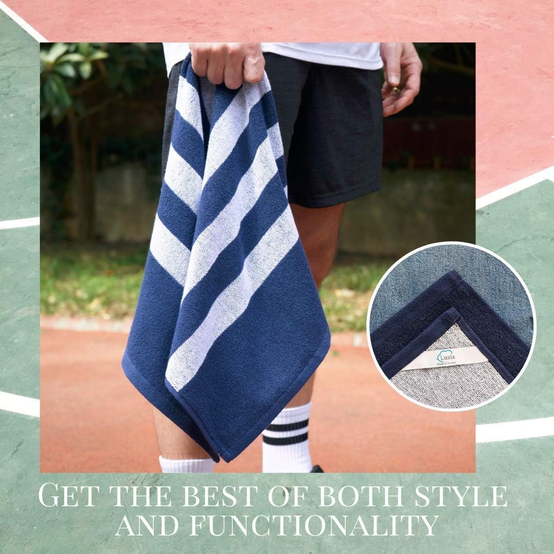 Striped Workout Towel for Sweat (Pack of 2) - Premium Quality 100% Turkish Cotton - Lightweight and Super Absorbent for Exercise, Sports, Workout, Fitness, Gym, Yoga, Running (Blue)
