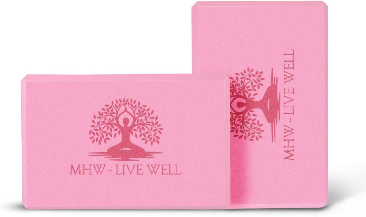 LIVE WELL Pink Yoga Blocks (Set of 2) - EVA Foam Yoga Bricks for Support, Stretching & Alignment - Yoga Accessories for Home & Studio, 3x6x9 inches