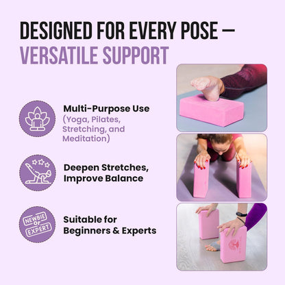 LIVE WELL Pink Yoga Blocks (Set of 2) - EVA Foam Yoga Bricks for Support, Stretching & Alignment - Yoga Accessories for Home & Studio, 3x6x9 inches