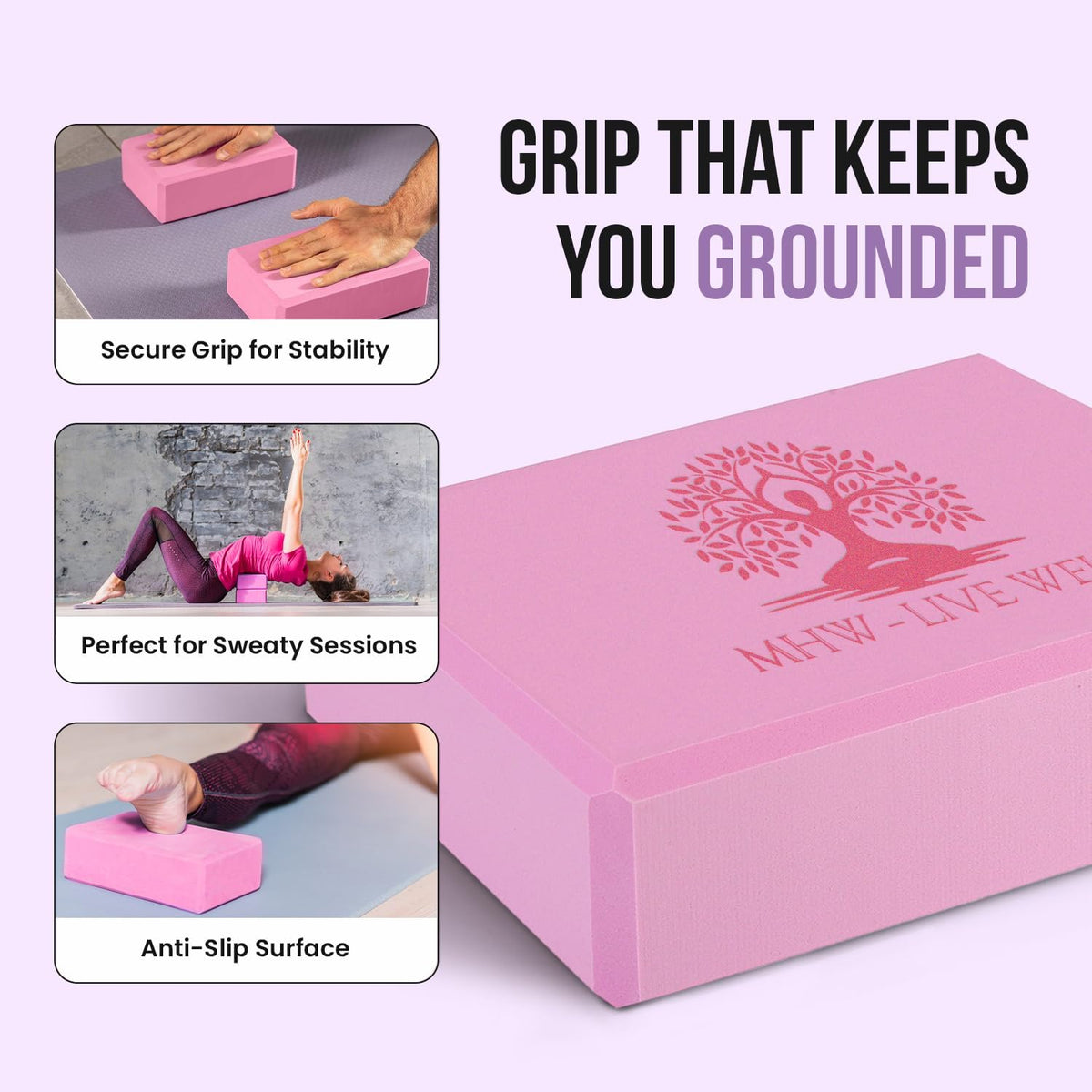 LIVE WELL Pink Yoga Blocks (Set of 2) - EVA Foam Yoga Bricks for Support, Stretching & Alignment - Yoga Accessories for Home & Studio, 3x6x9 inches