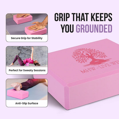 LIVE WELL Pink Yoga Blocks (Set of 2) - EVA Foam Yoga Bricks for Support, Stretching & Alignment - Yoga Accessories for Home & Studio, 3x6x9 inches