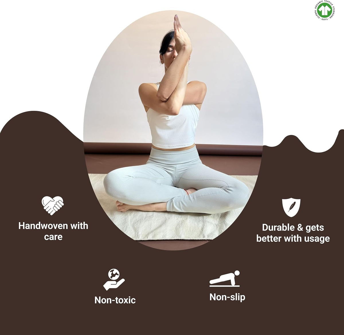 Tharie Hand-Woven Organic Cotton Yoga Mat, Washable & Good Grip, Standalone or as Topper, 70 x 196 cm, Made in India