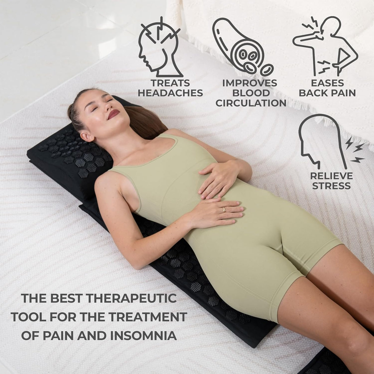 ® Acupressure Mat Set with 6,210 Pressure Points for Pain Relief and Relaxation Kit for Back, Neck, and Sleep – Yoga and Meditation Pillow (Soft Cream)