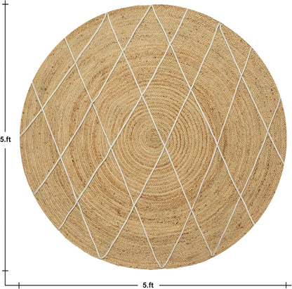 Kilim Rug 3' Round Area Rug Olive Beige White Braided Jute Carpet, Indoor Outdoor Flatweave Rug for Bedroom, Bedside, Kitchen, Beach & Terrace Yoga Mat - Colors B