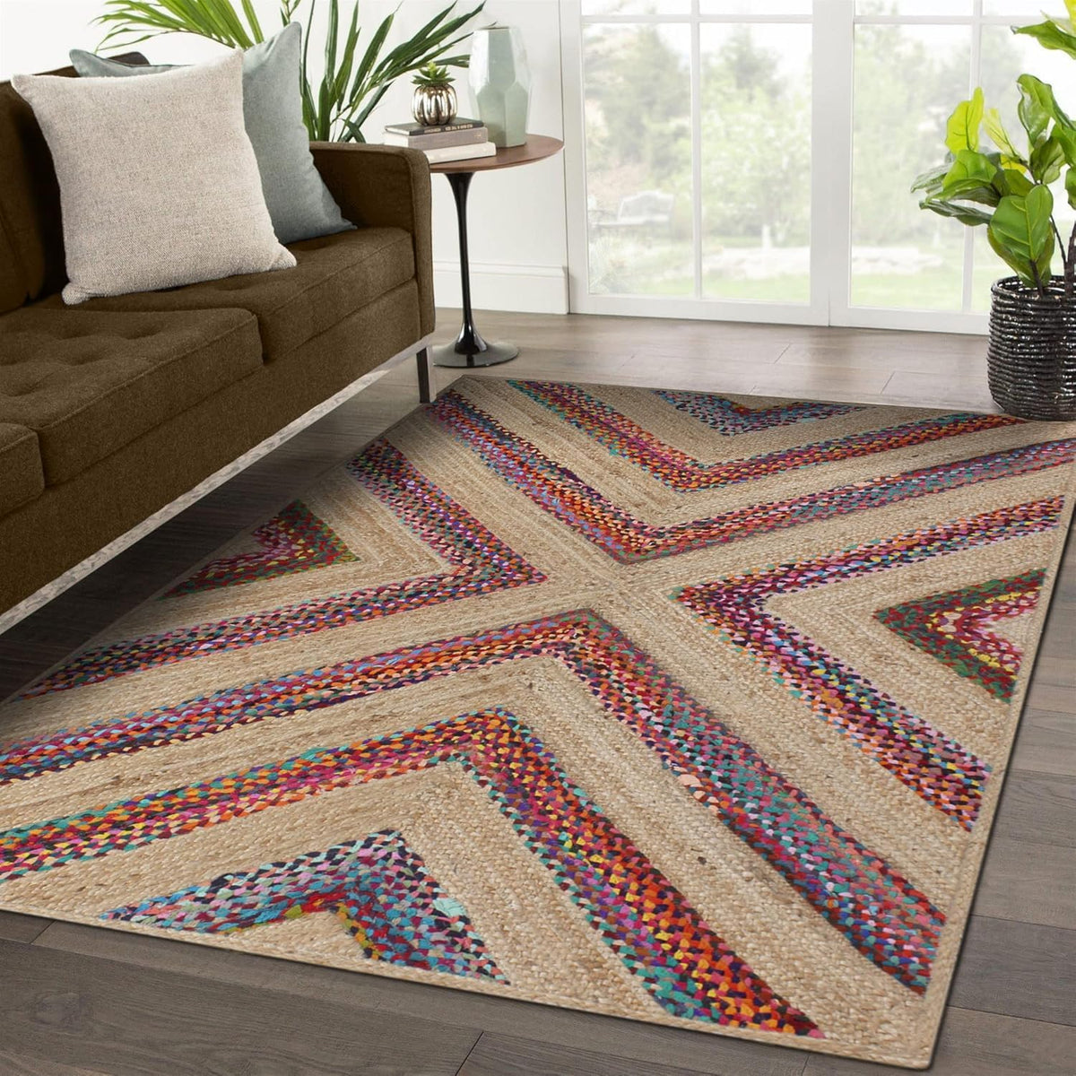 Kilim Rug 3' Round Area Rug Olive Beige White Braided Jute Carpet, Indoor Outdoor Flatweave Rug for Bedroom, Bedside, Kitchen, Beach & Terrace Yoga Mat - Colors B