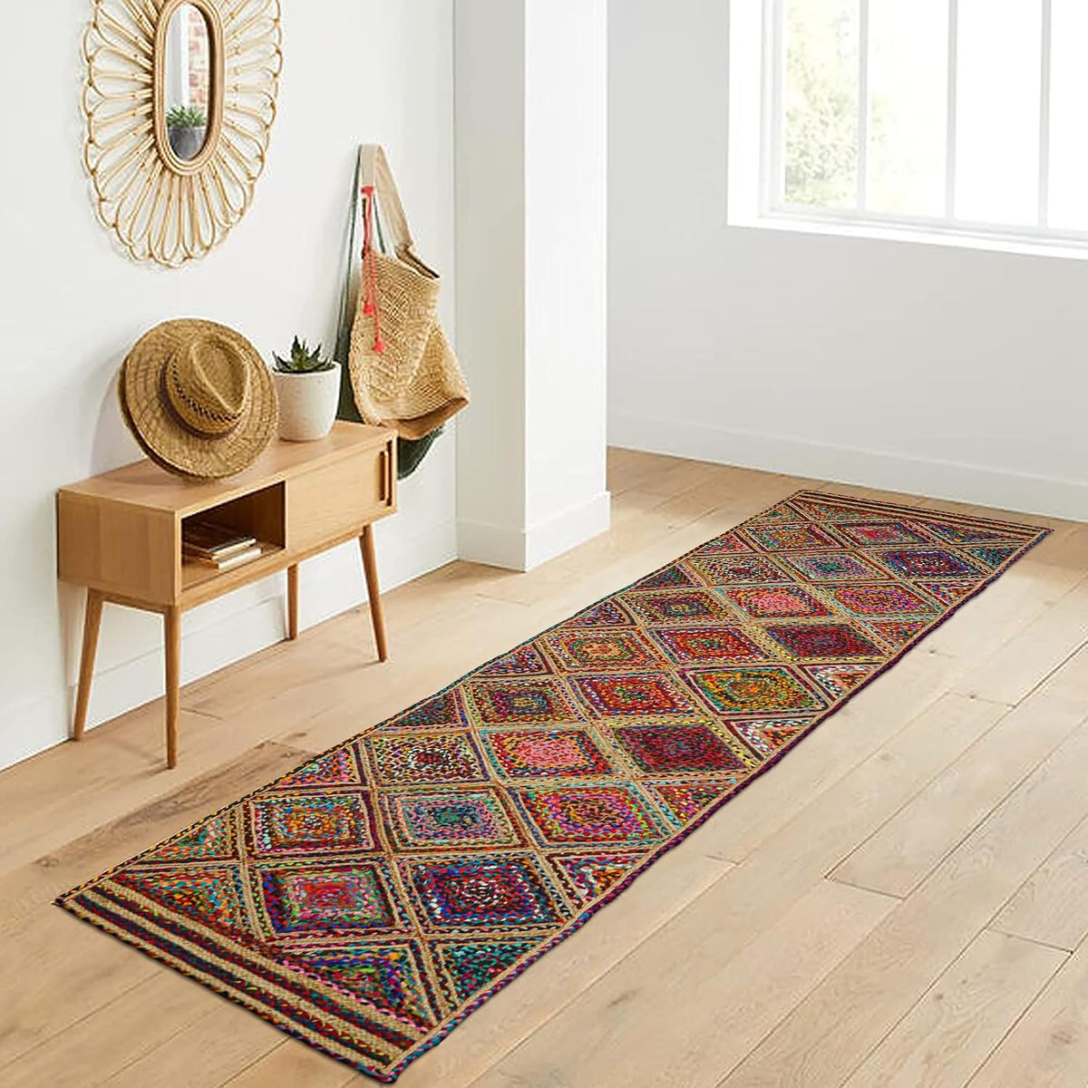 Kilim Rug 3' Round Area Rug Olive Beige White Braided Jute Carpet, Indoor Outdoor Flatweave Rug for Bedroom, Bedside, Kitchen, Beach & Terrace Yoga Mat - Colors B