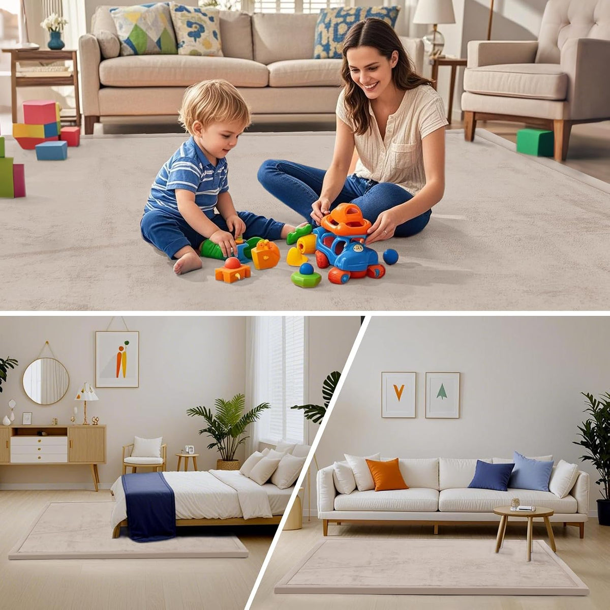 Baby Play Mat for Floor,1.3" Thick Memory Foam Area Rug for Living Room,Soft Velvet Crawling with Non-Slip Bottom for Kid,Toddler,39"×59" Tummy Time Nursery Rugs,Yoga（Light Grey）