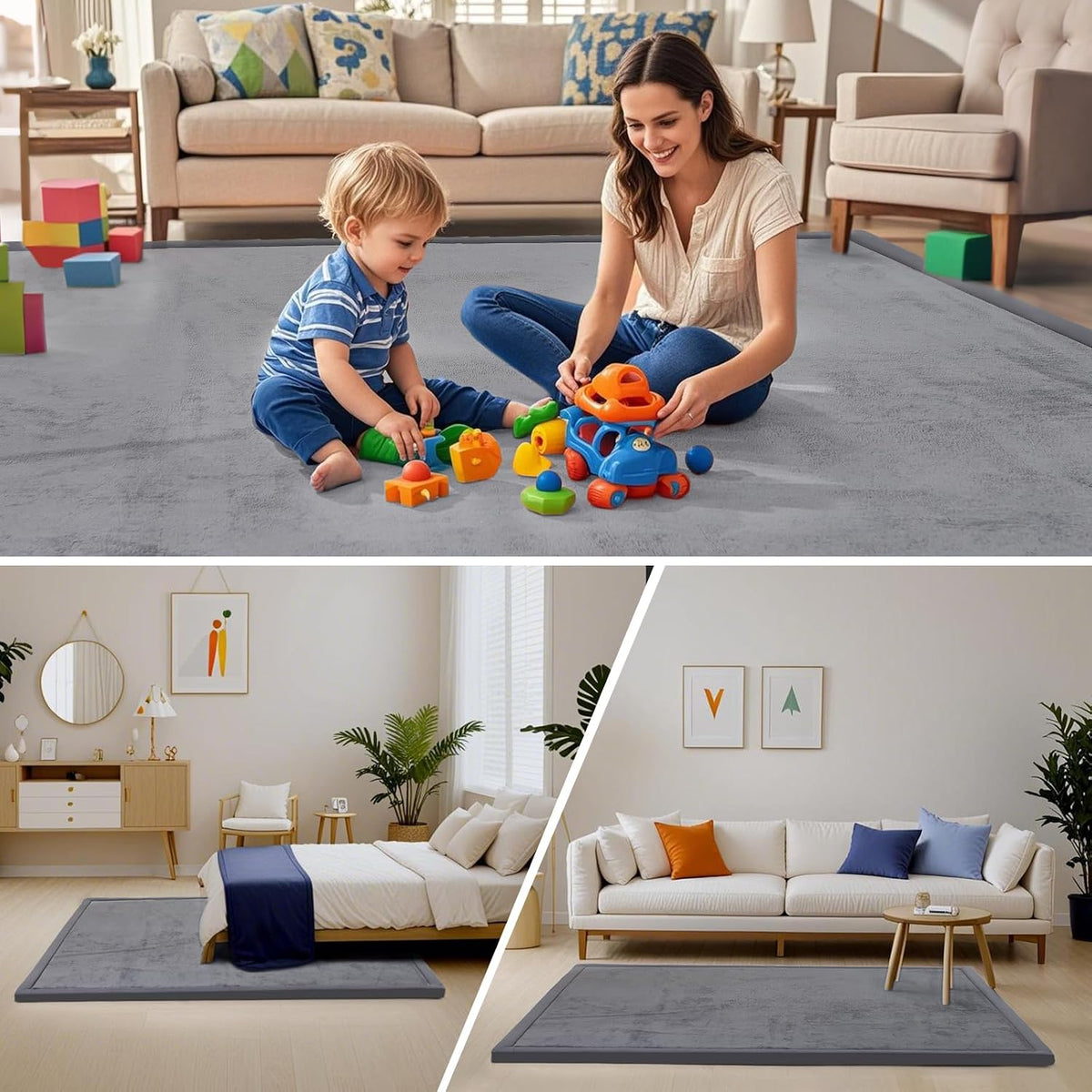 Baby Play Mat for Floor,1.3" Thick Memory Foam Area Rug for Living Room,Soft Velvet Crawling with Non-Slip Bottom for Kid,Toddler,39"×59" Tummy Time Nursery Rugs,Yoga（Light Grey）