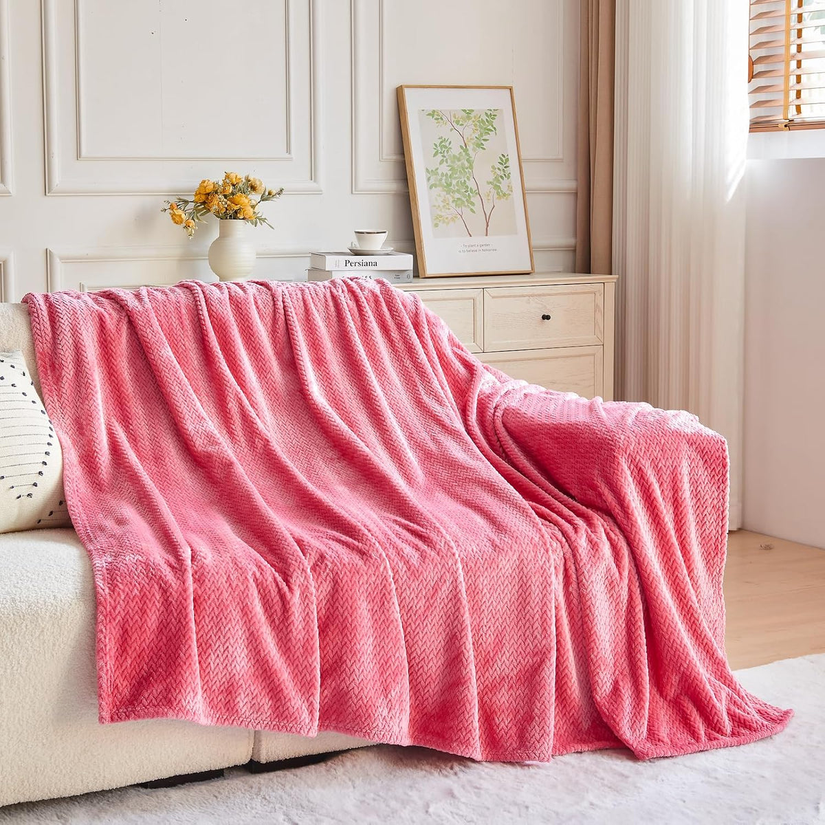 Fleece Leaves Pattern Throw Blanket, Light Purple, 50"x60" | Super Soft Throw Blanket, Lightweight Cozy Bed Sofa Blanket, Premium Silky Flannel Fleece, Travel Blanket for All Season Use - Colors A
