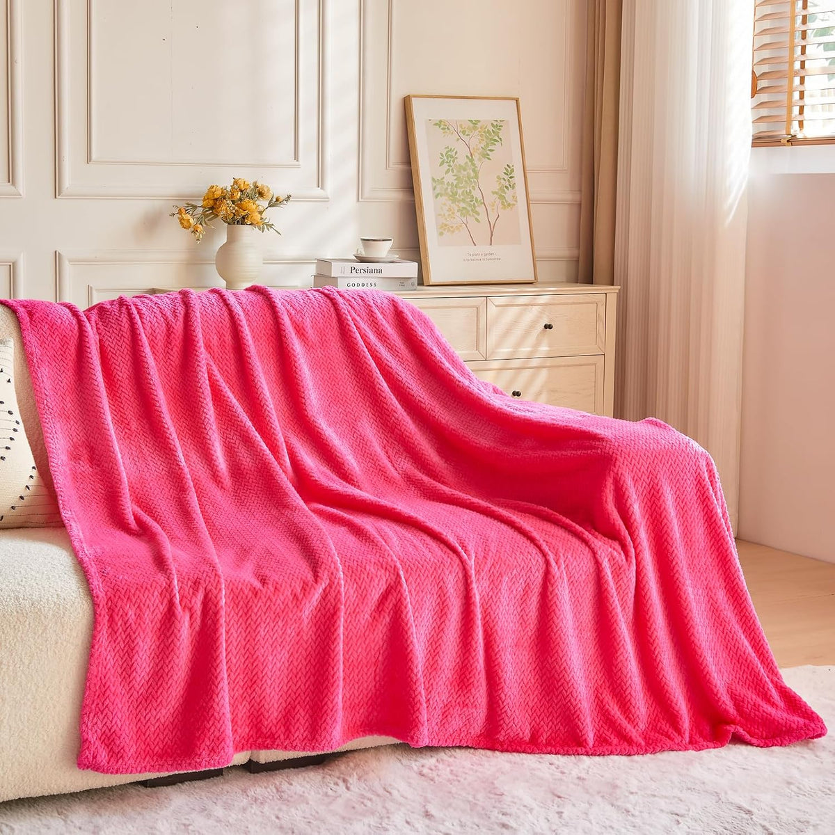 Fleece Leaves Pattern Throw Blanket, Light Purple, 50"x60" | Super Soft Throw Blanket, Lightweight Cozy Bed Sofa Blanket, Premium Silky Flannel Fleece, Travel Blanket for All Season Use - Colors A