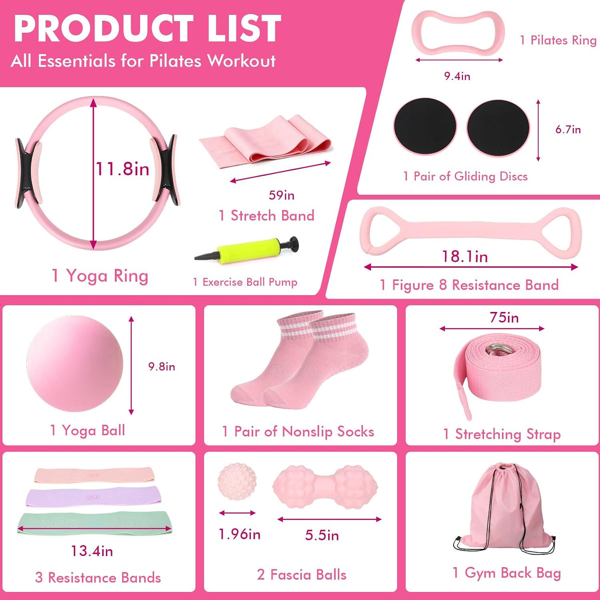 Pilates Equipment Kit for Women, Pink Ring Ball Bands, Home Workouts