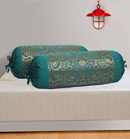 Ethnic Jacquard Brocade Silk Bolster Yoga Rectangle Pillow Cover Cylindrical Hotdog Dark Green Tube Living Room Decorative Elephant Traditional Throw Pillowcase 76x38 cm - Set of 2 Pcs