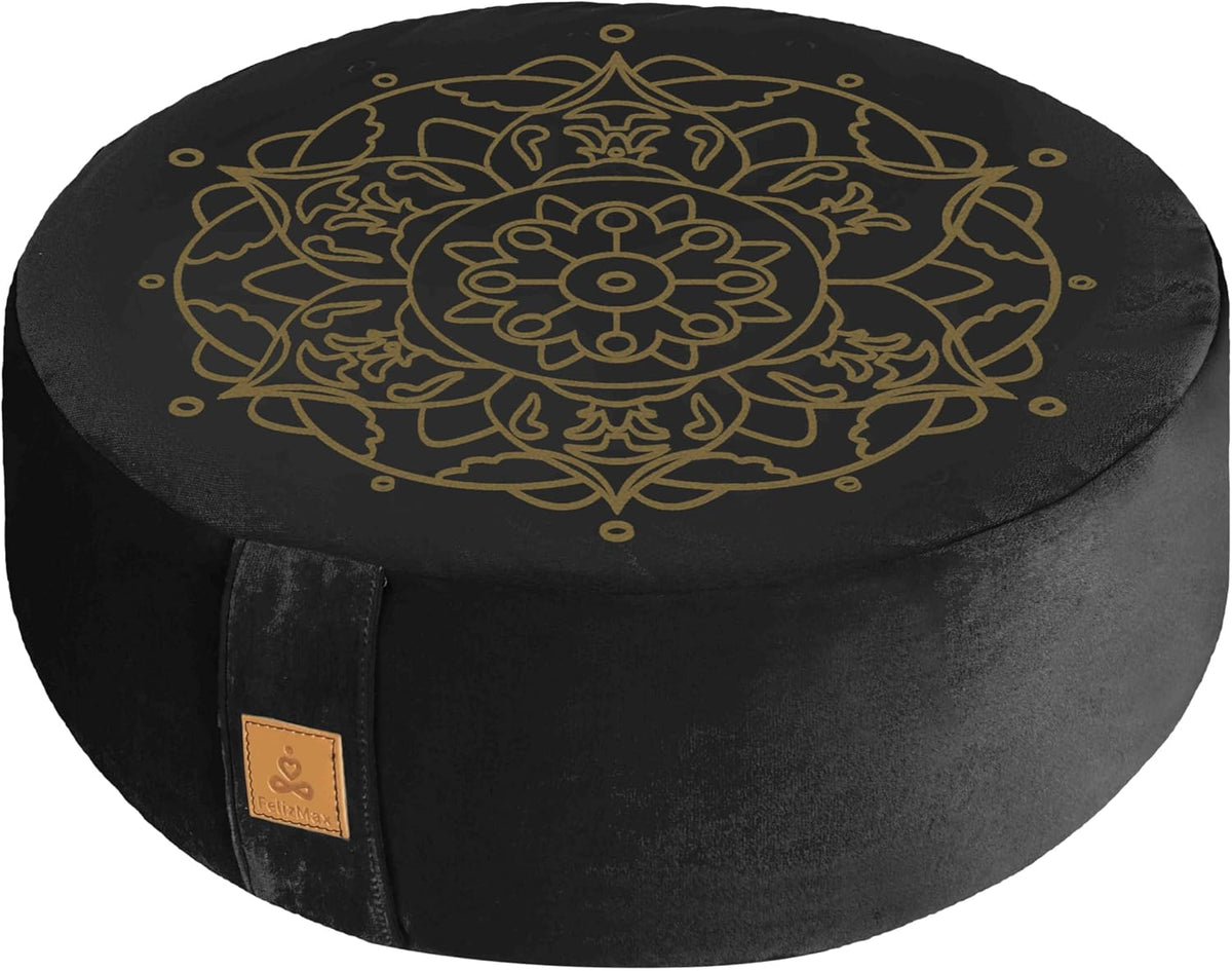 Embroidered Meditation Pillow D=16" H=5.5" Round Velvet Meditation Cushion Yoga Bolster Floor Pouf Zafu Natural Buckwheat hulls Sitting on Floor Removable Organic Cotton Cover Large Kneeling Pillow