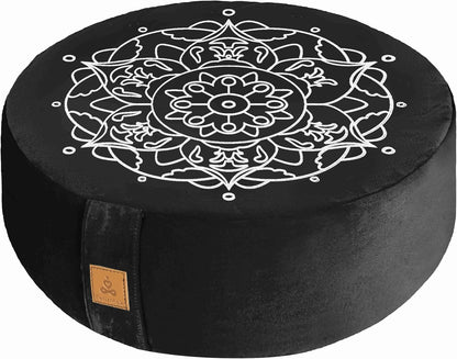 Embroidered Meditation Pillow D=16" H=5.5" Round Velvet Meditation Cushion Yoga Bolster Floor Pouf Zafu Natural Buckwheat hulls Sitting on Floor Removable Organic Cotton Cover Large Kneeling Pillow