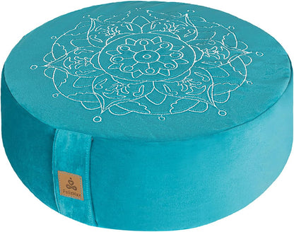 Embroidered Meditation Pillow D=16" H=5.5" Round Velvet Meditation Cushion Yoga Bolster Floor Pouf Zafu Natural Buckwheat hulls Sitting on Floor Removable Organic Cotton Cover Large Kneeling Pillow