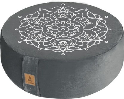 Embroidered Meditation Pillow D=16" H=5.5" Round Velvet Meditation Cushion Yoga Bolster Floor Pouf Zafu Natural Buckwheat hulls Sitting on Floor Removable Organic Cotton Cover Large Kneeling Pillow