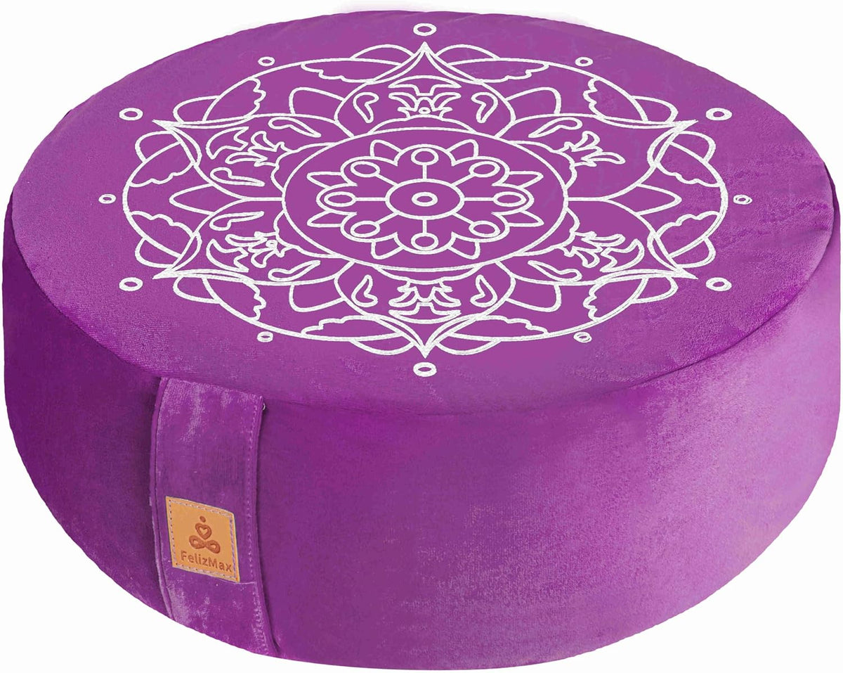 Embroidered Meditation Pillow D=16" H=5.5" Round Velvet Meditation Cushion Yoga Bolster Floor Pouf Zafu Natural Buckwheat hulls Sitting on Floor Removable Organic Cotton Cover Large Kneeling Pillow
