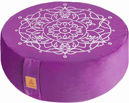 Embroidered Meditation Pillow D=16" H=5.5" Round Velvet Meditation Cushion Yoga Bolster Floor Pouf Zafu Natural Buckwheat hulls Sitting on Floor Removable Organic Cotton Cover Large Kneeling Pillow