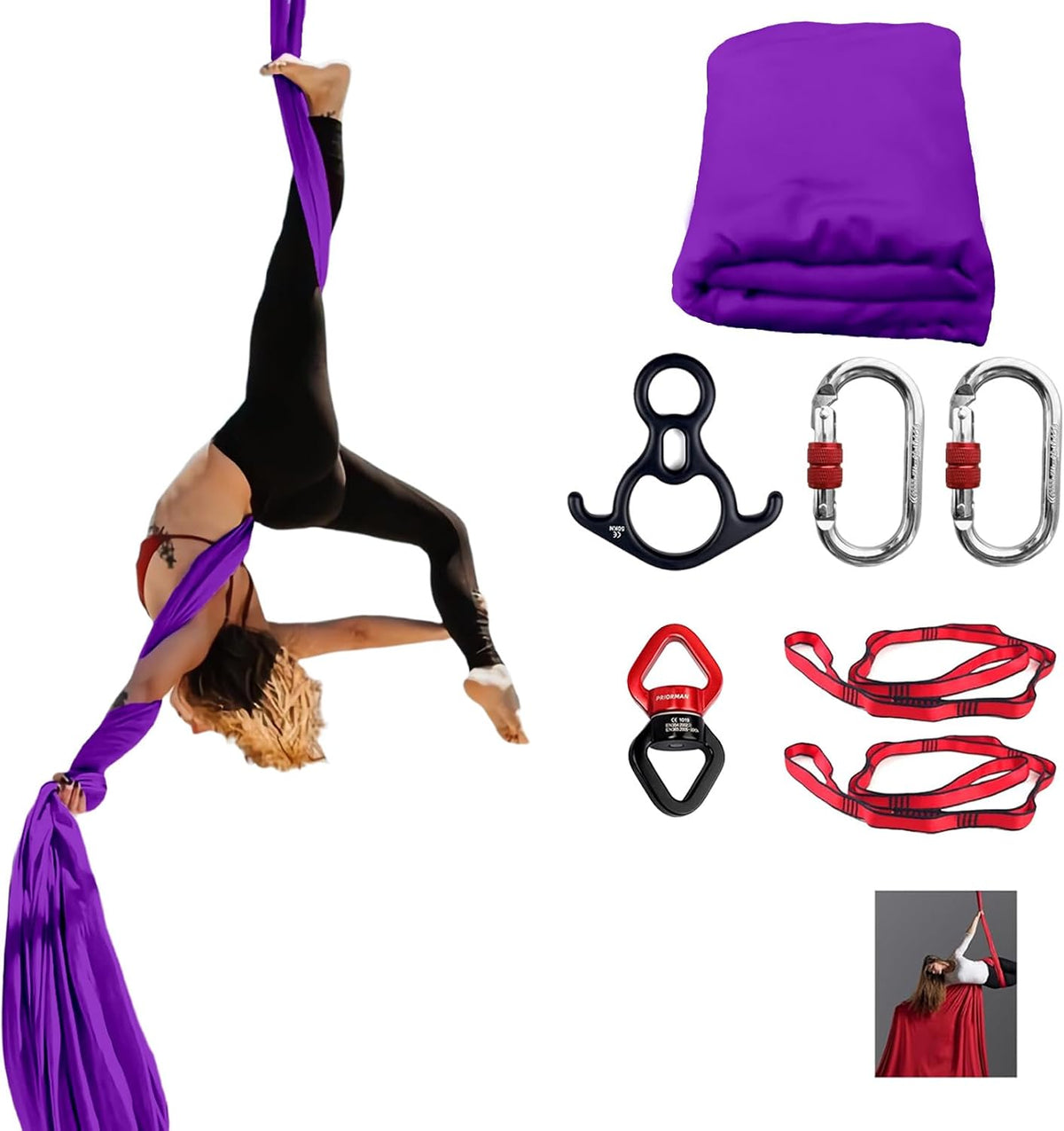 Aerial Silks, CE Certified, 9Yards Aerial Yoga Hammock Set | 8.2x2.8m/9Yards Silk w/2780 lbs MBL, Comes with Rigging Hardware & Daisy Chain, for Aerial Dance, Acrobatics, Home &Studio