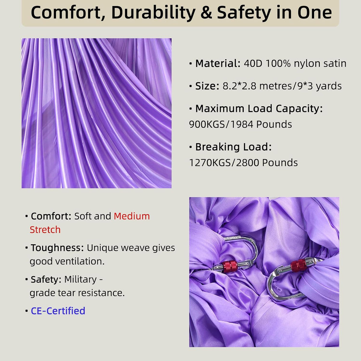 Aerial Silks, CE Certified, 9Yards Aerial Yoga Hammock Set | 8.2x2.8m/9Yards Silk w/2780 lbs MBL, Comes with Rigging Hardware & Daisy Chain, for Aerial Dance, Acrobatics, Home &Studio