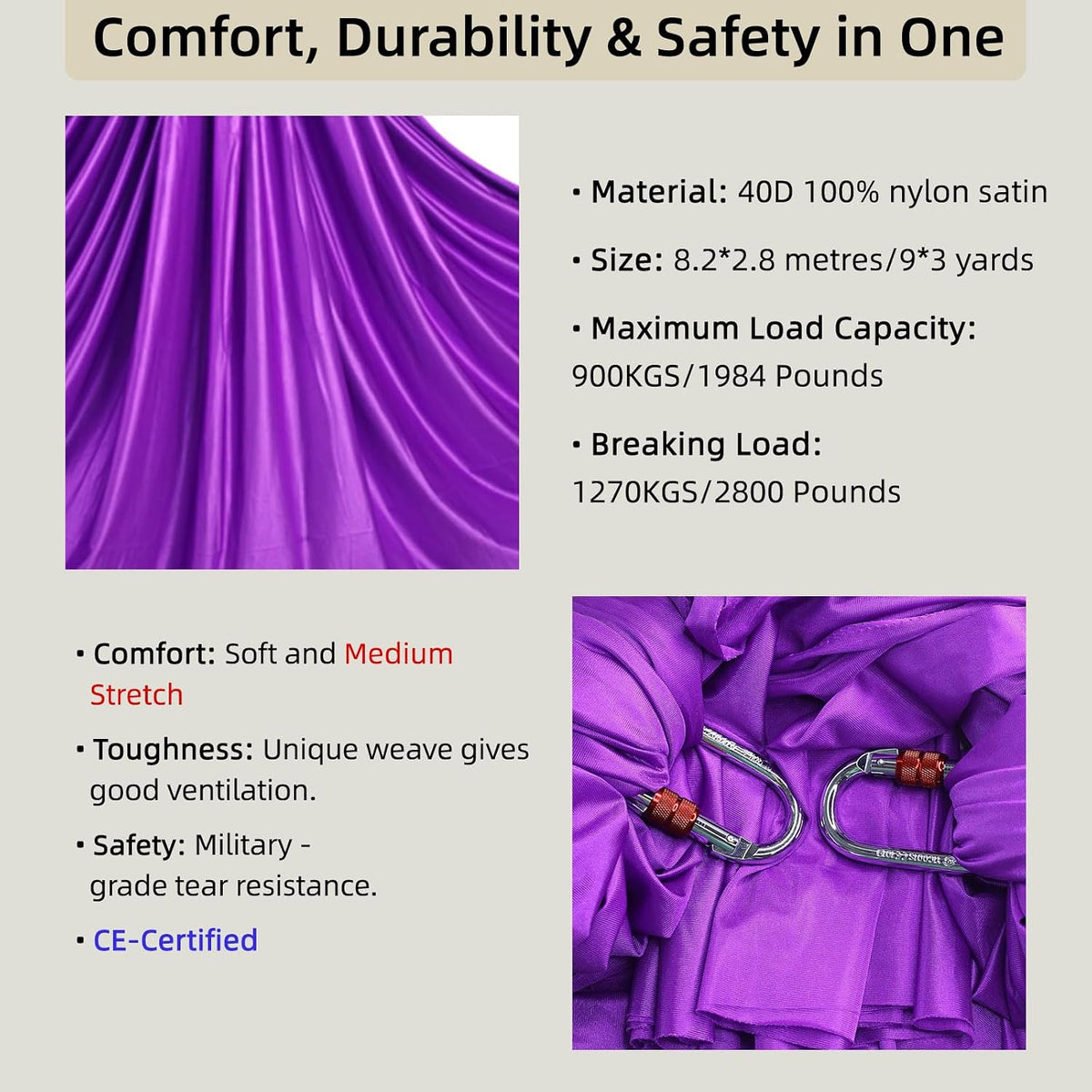 Aerial Silks, CE Certified, 9Yards Aerial Yoga Hammock Set | 8.2x2.8m/9Yards Silk w/2780 lbs MBL, Comes with Rigging Hardware & Daisy Chain, for Aerial Dance, Acrobatics, Home &Studio