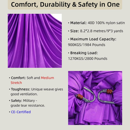 Aerial Silks, CE Certified, 9Yards Aerial Yoga Hammock Set | 8.2x2.8m/9Yards Silk w/2780 lbs MBL, Comes with Rigging Hardware & Daisy Chain, for Aerial Dance, Acrobatics, Home &Studio