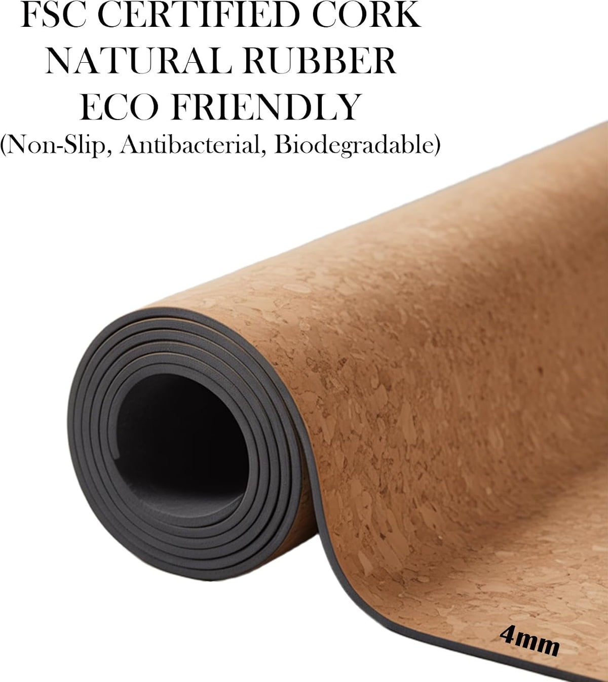 Cork Yoga Mat Black - 4mm FSC Cork & Natural Rubber, Excellent Grip, Sustainable Yoga Mat