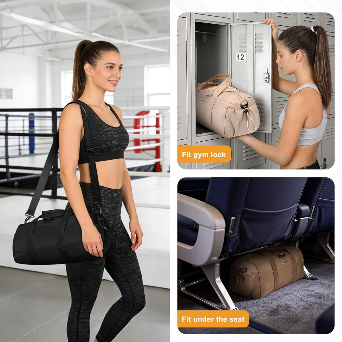 Small Gym Bag for Women Sports Duffel Bag w/Yoga Mat Holder Black