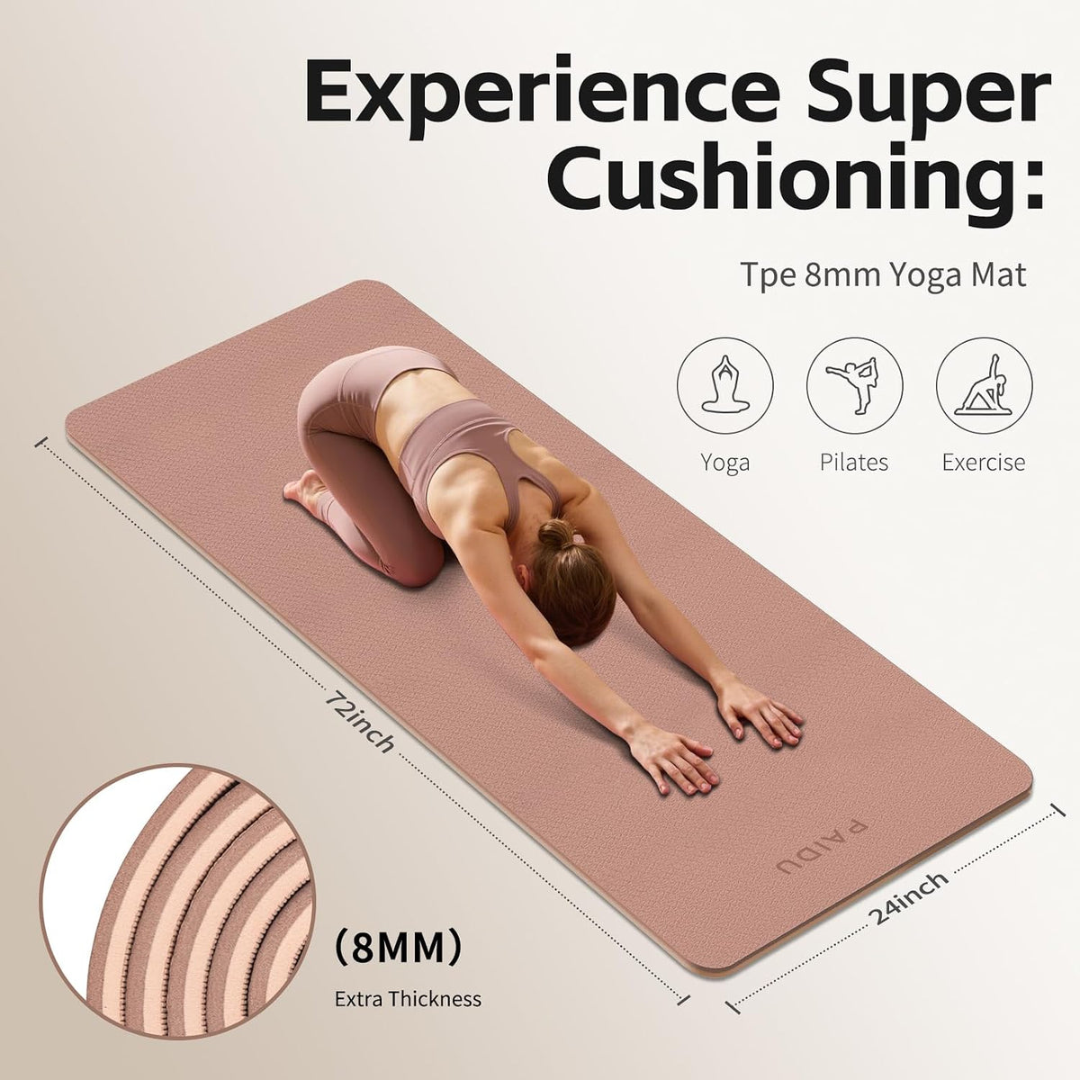 Yoga Mat 8mm TPE Non‑Slip Fitness Mat with Strap for Home Workouts