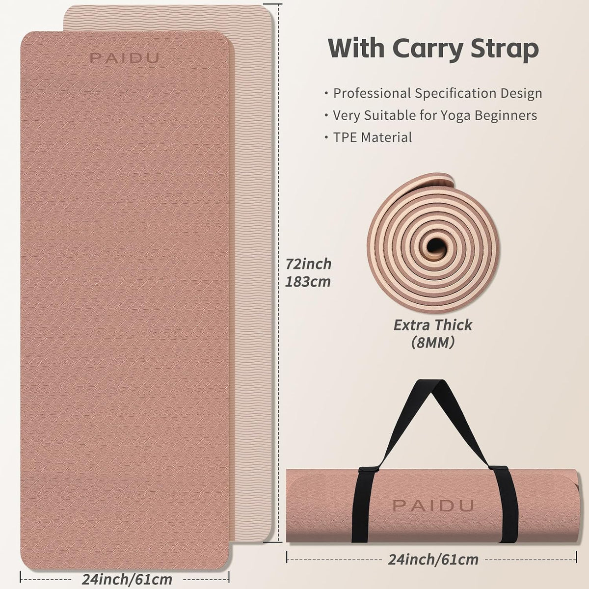 Yoga Mat 8mm TPE Non‑Slip Fitness Mat with Strap for Home Workouts