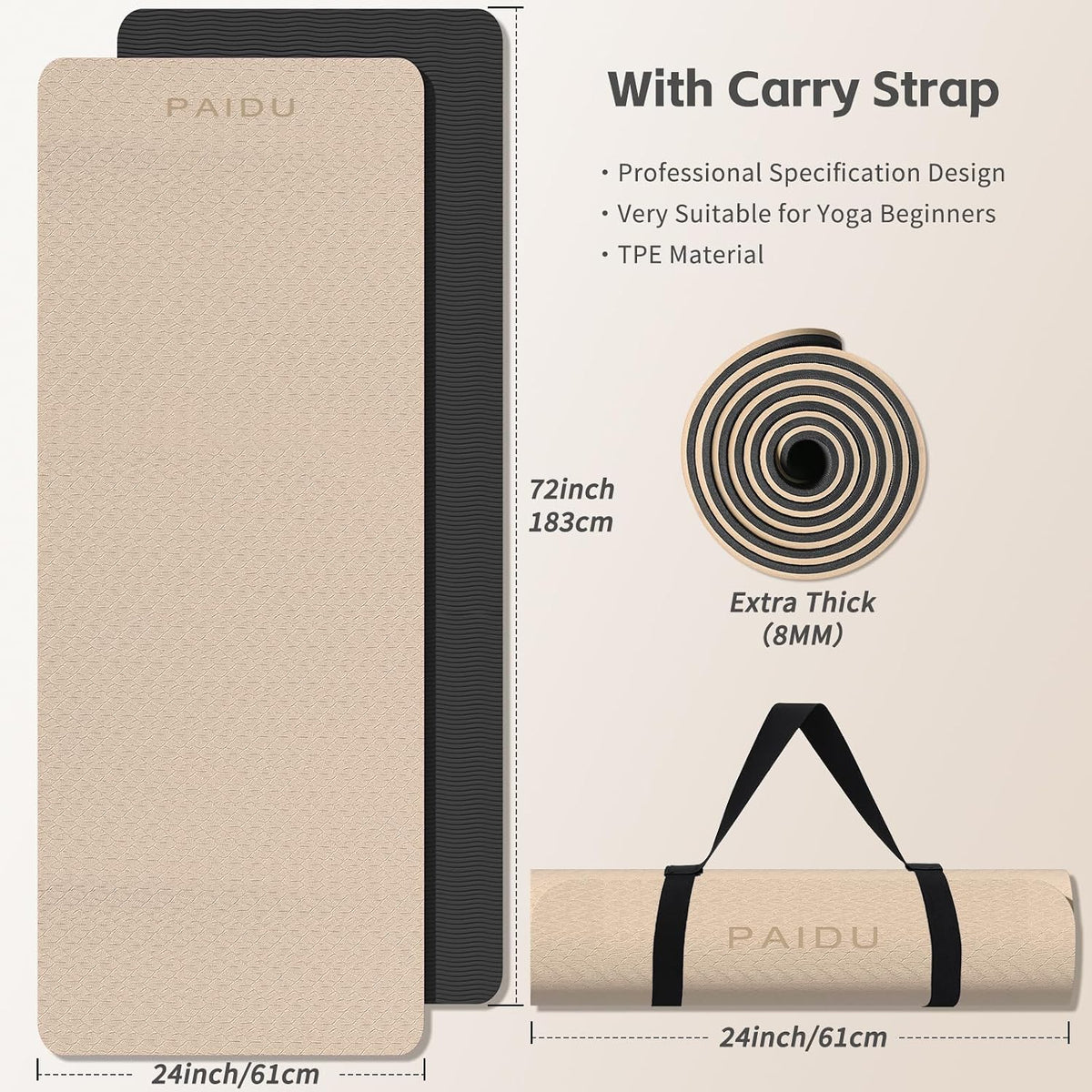 Yoga Mat 8mm TPE Non‑Slip Fitness Mat with Strap for Home Workouts