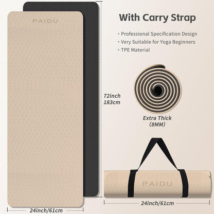 Yoga Mat 8mm TPE Non‑Slip Fitness Mat with Strap for Home Workouts