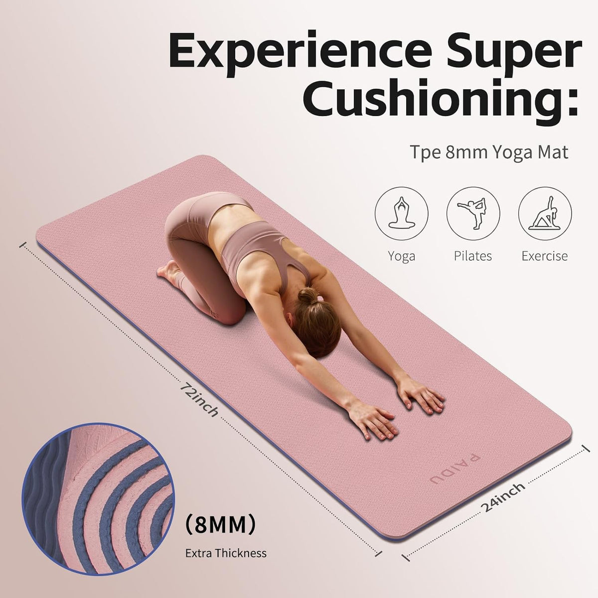 Yoga Mat 8mm TPE Non‑Slip Fitness Mat with Strap for Home Workouts