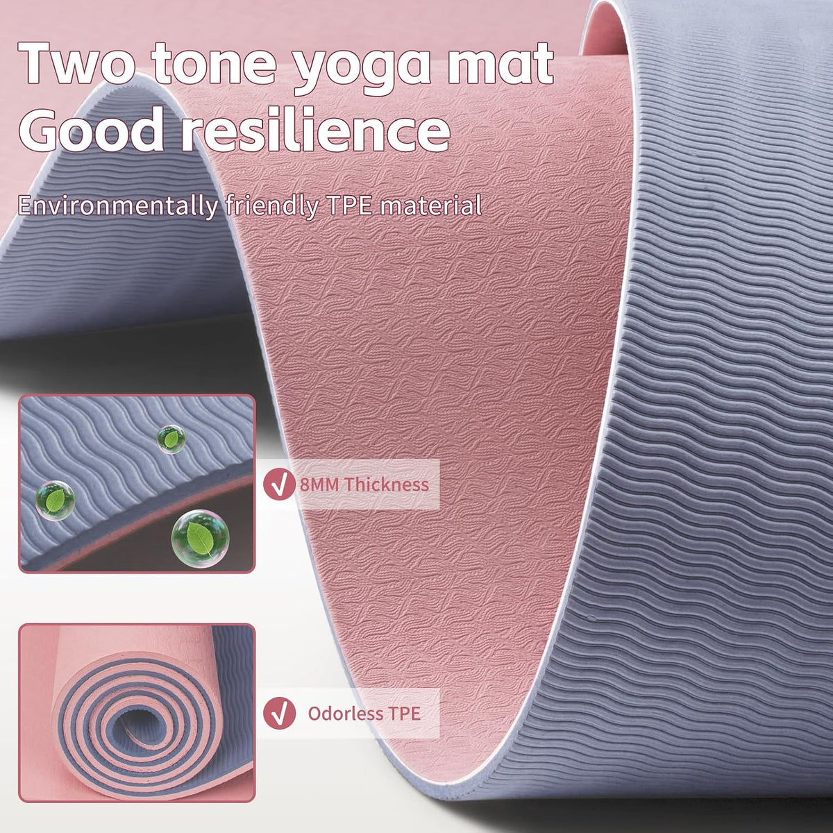 Yoga Mat 8mm TPE Non‑Slip Fitness Mat with Strap for Home Workouts