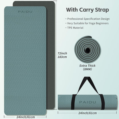 Yoga Mat 8mm TPE Non‑Slip Fitness Mat with Strap for Home Workouts