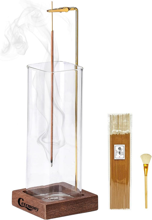 Ceremony Incense Holder, Wooden Incense Burner with Glass Ash Catcher (Wooden Square)