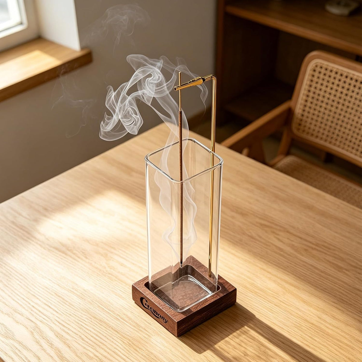 Ceremony Incense Holder, Wooden Incense Burner with Glass Ash Catcher (Wooden Square)