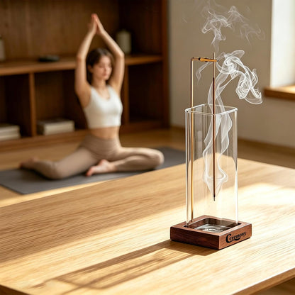 Ceremony Incense Holder, Wooden Incense Burner with Glass Ash Catcher (Wooden Square)